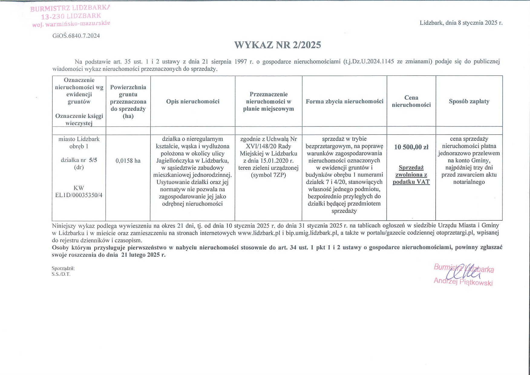 Wykaz Nr 2/2025 - Nieruchomość gruntowa do sprzedaży przy ulicy Jagiellończyka